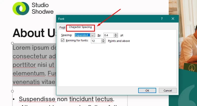 Character Spacing tab